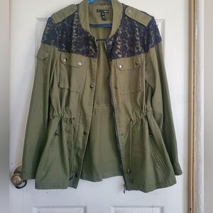 Aqua Olive Green Women's UtilityJacket with Lace Detail, Size Medium